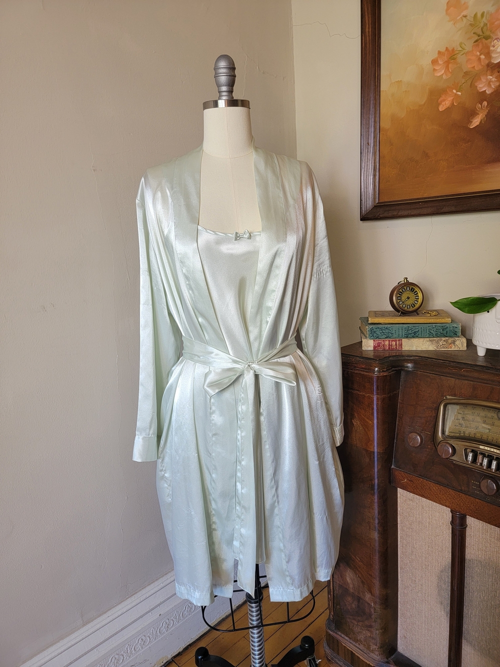 Morgan Taylor Light Green Satin Robe Nighty Pegnior Set Medium
